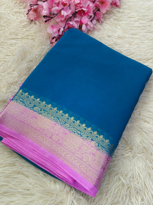 Blue with Candy Pink Semi crepe georgette silk saree