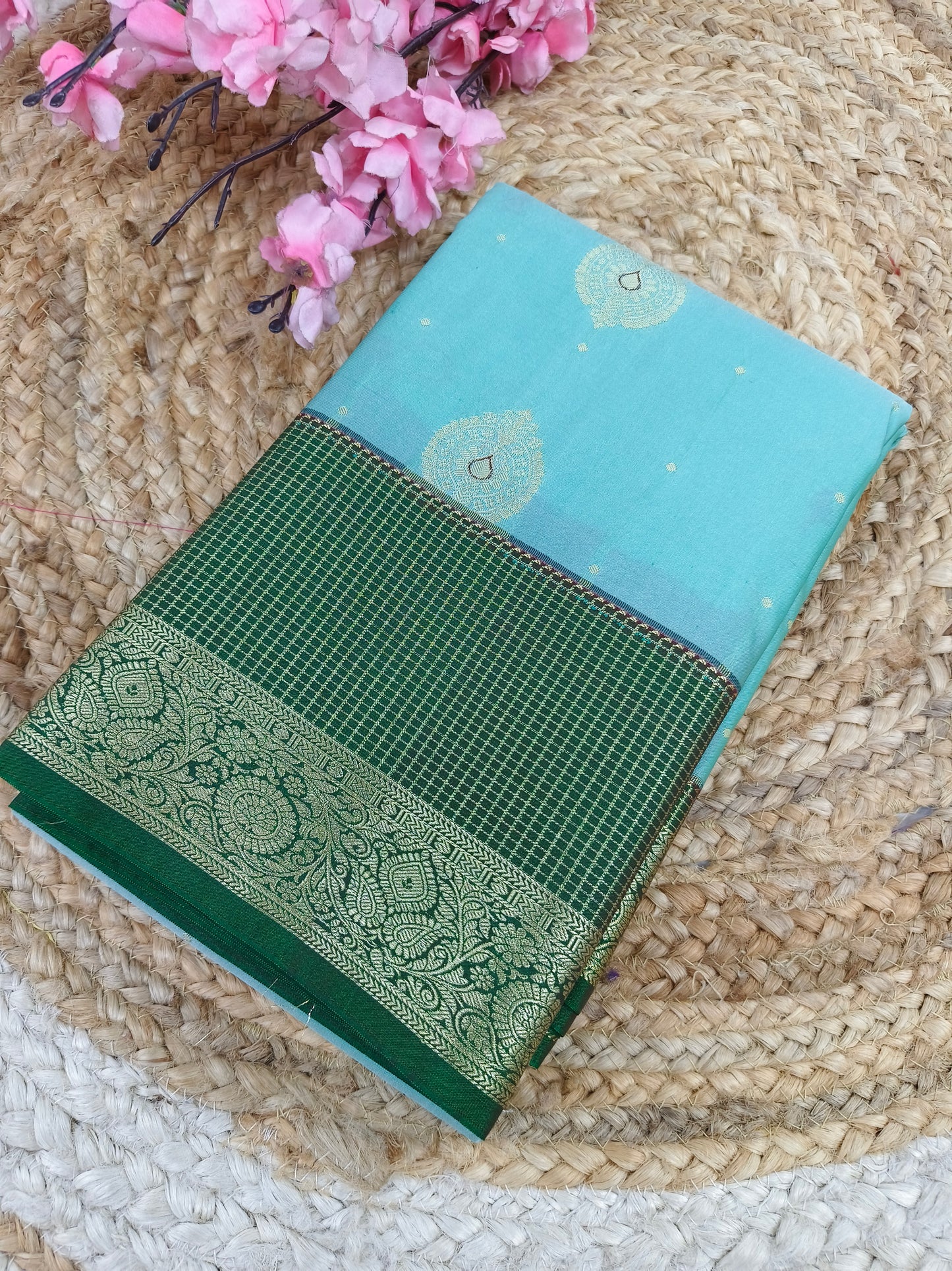Sky Blue with bottle green Elegant semi kanjivaram silk saree