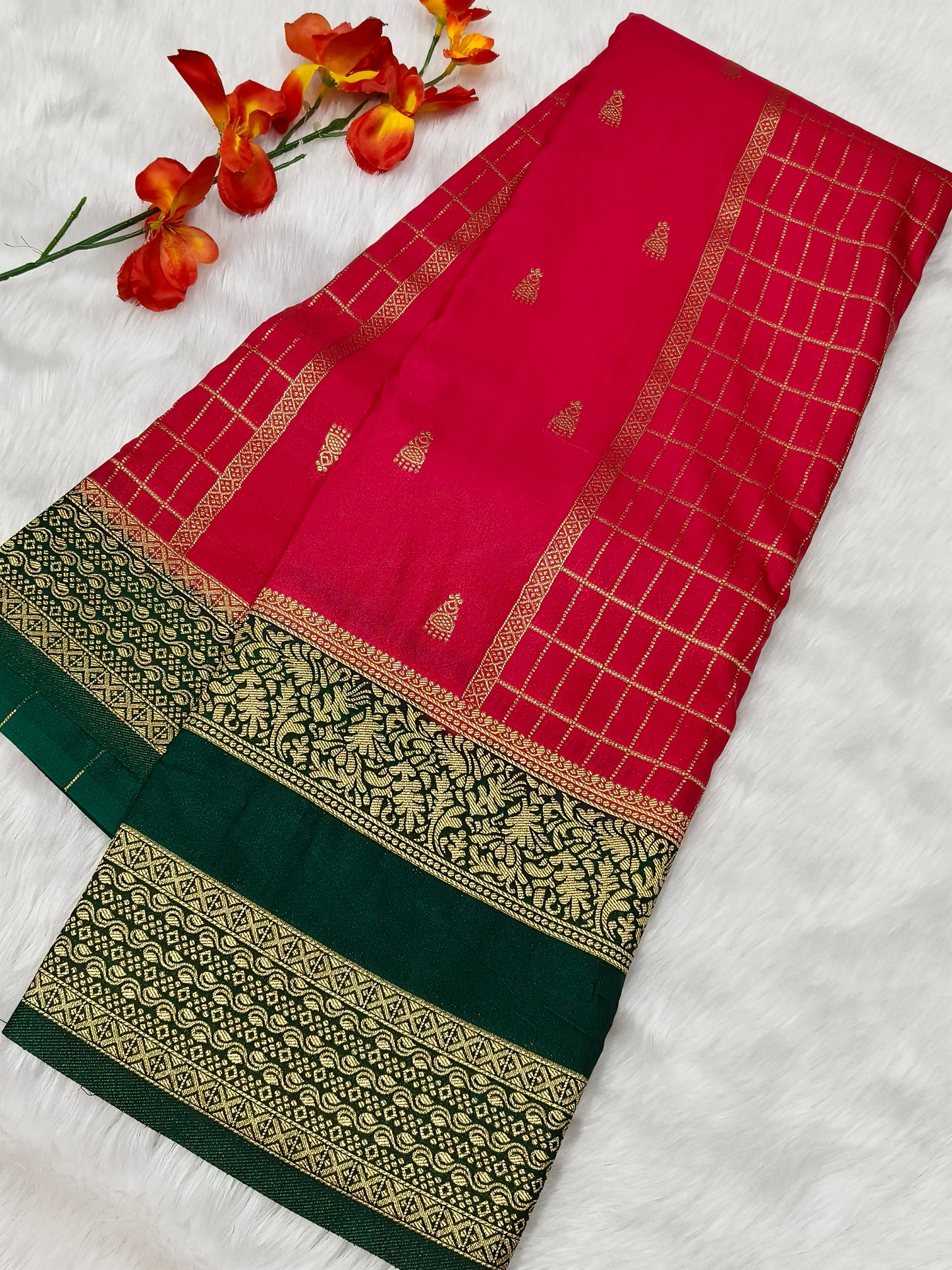 Tomato Red with bottle green silk Georgette saree