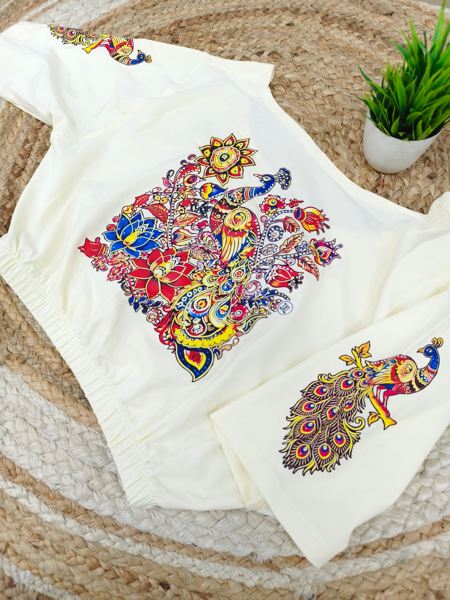 Cream Stretchable blouse with unique printed design