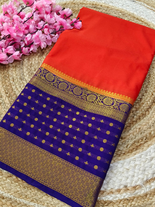 Orange with purple semi Mysore crepe silk saree