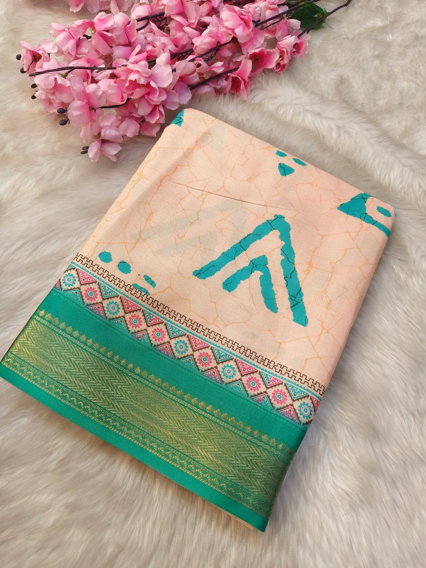 Peach with sky blue printed silk saree