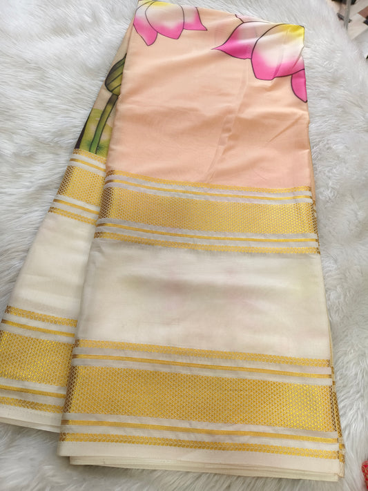 Peach With White semi Mysore crepe silk saree