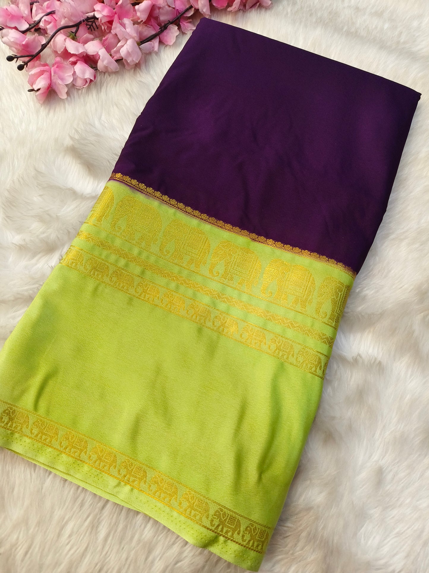 Purple with Mint Green semi Mysore crepe silk saree