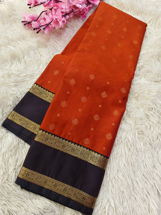 Rustic Orange With black Semi kanjivaram silk saree