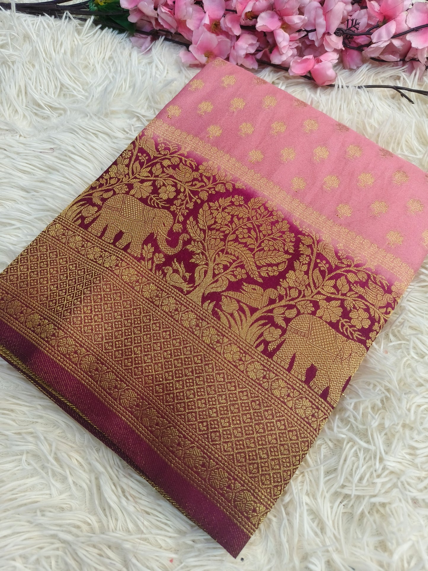 Peach with magenta pink Banarasi georgette silk saree