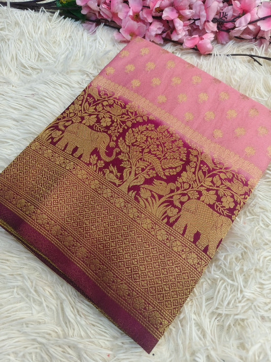 Peach with magenta pink Banarasi georgette silk saree