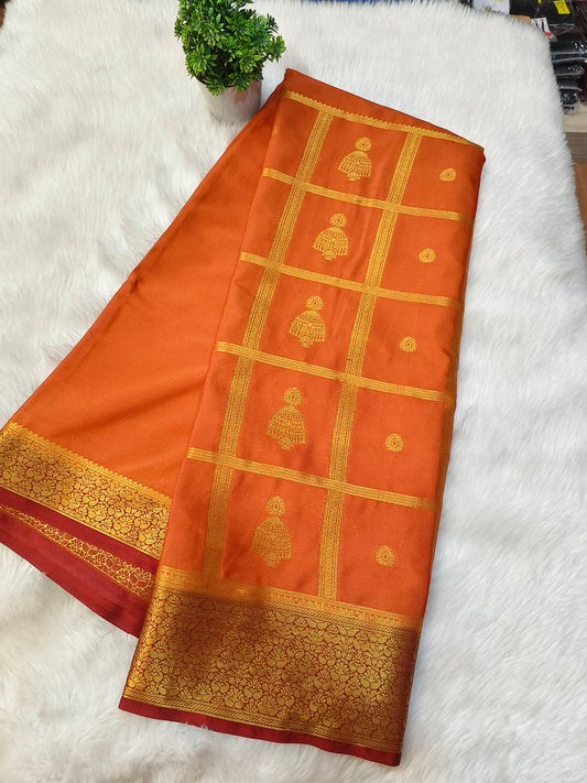 Rustic Orange with Maroon semi Mysore crepe silk saree