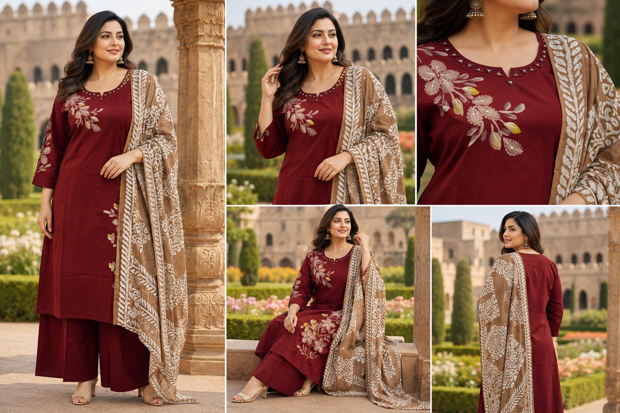 Maroon with cream cotton salwar suit