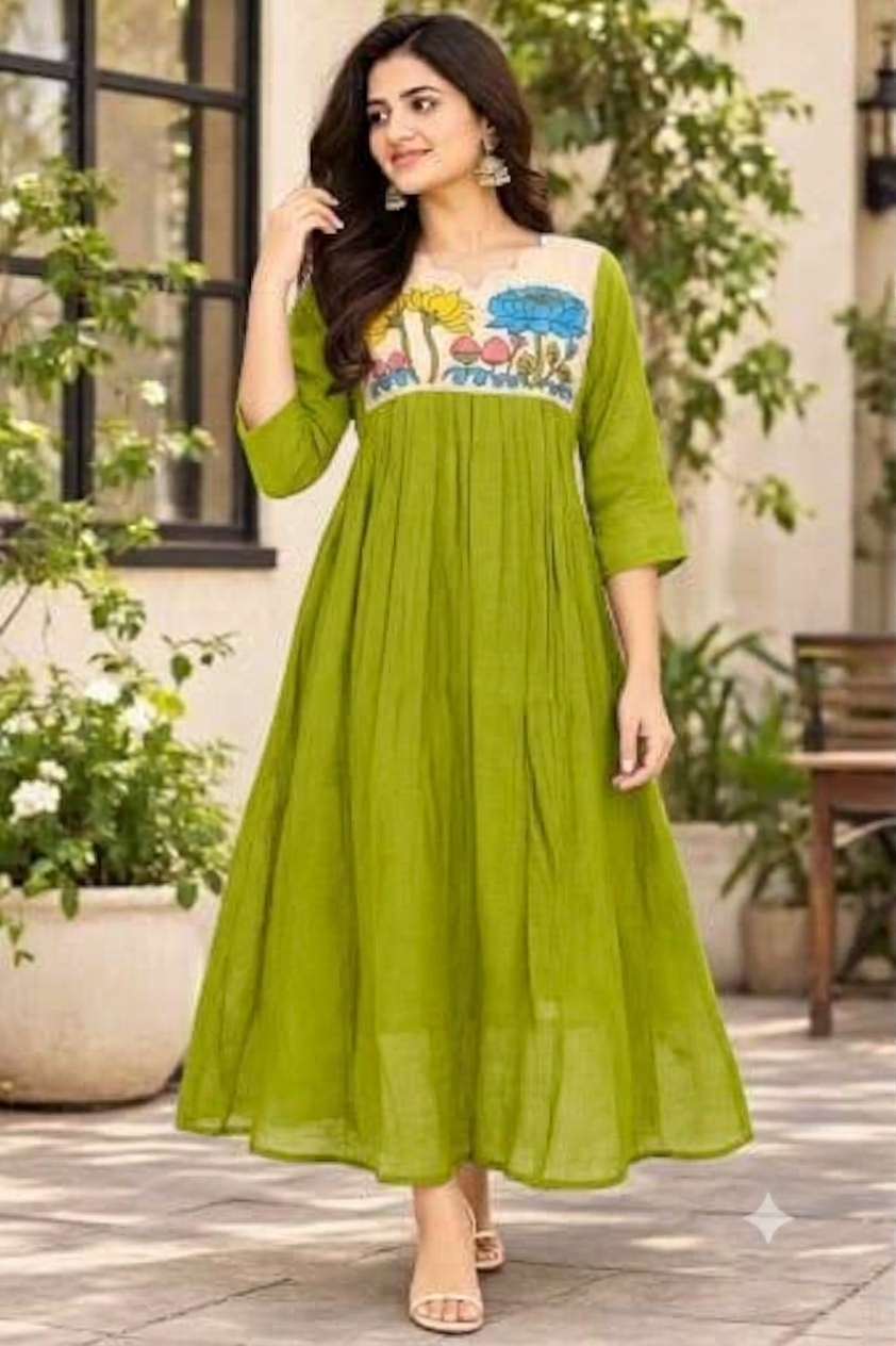 Green Floral Kalamkari Style A-Line Kurti