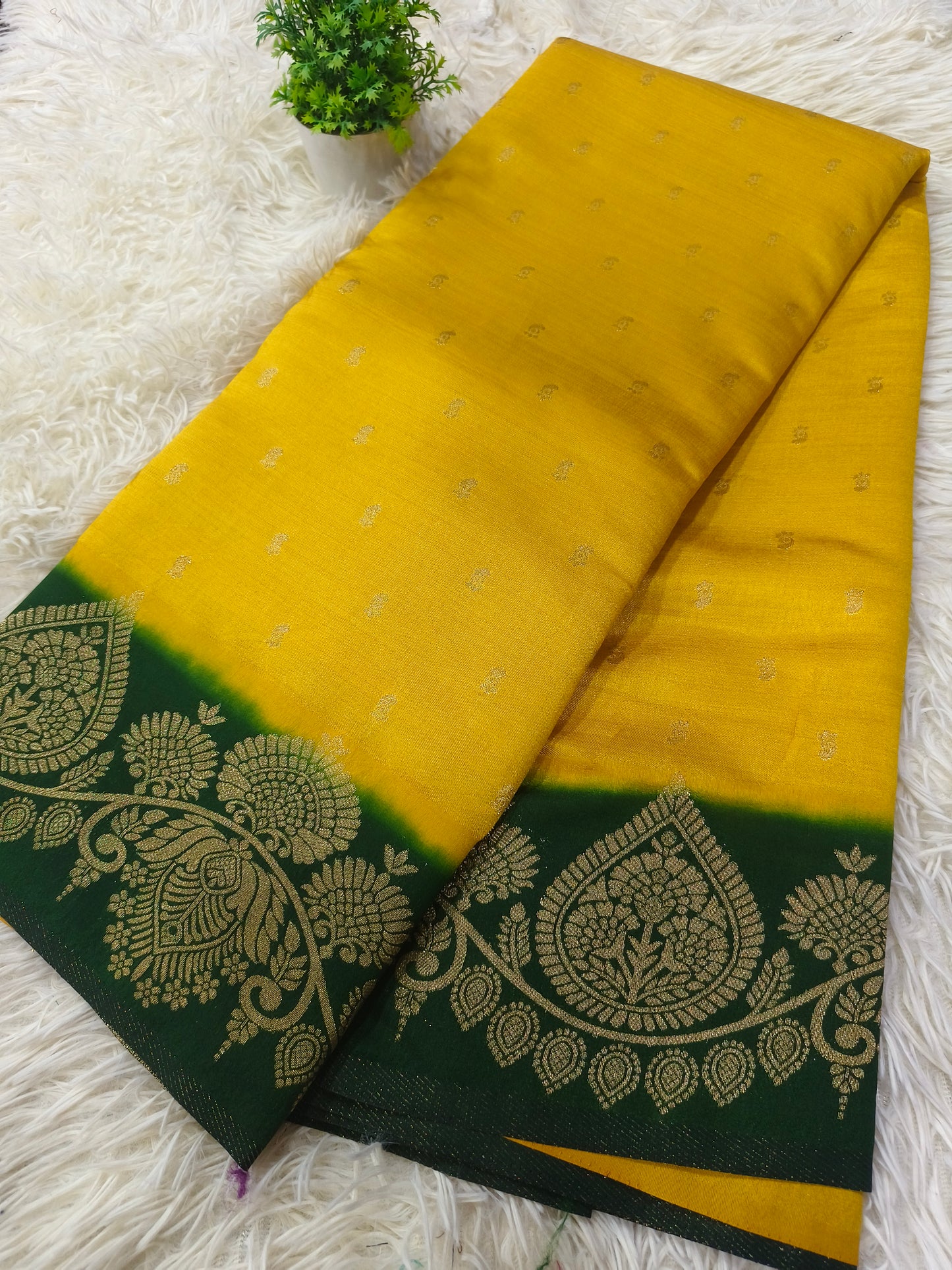 Yellow with Bottle green soft silk saree