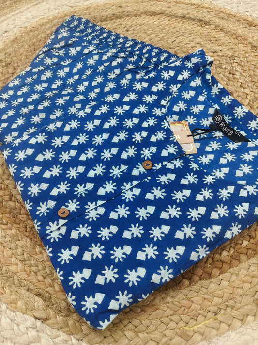 Blue Elegant Printed Cotton Kurta Set