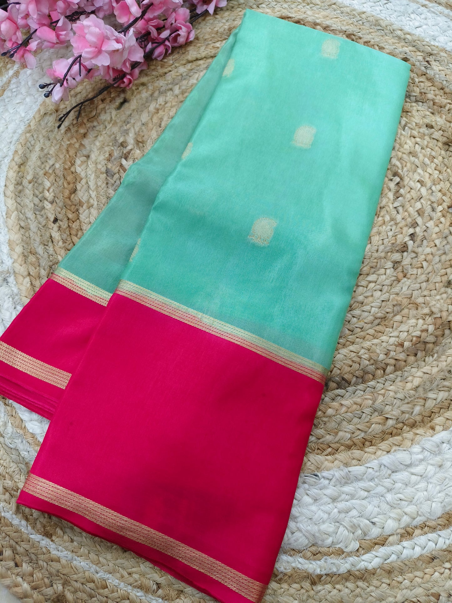 Sea green with pink Munga silk saree