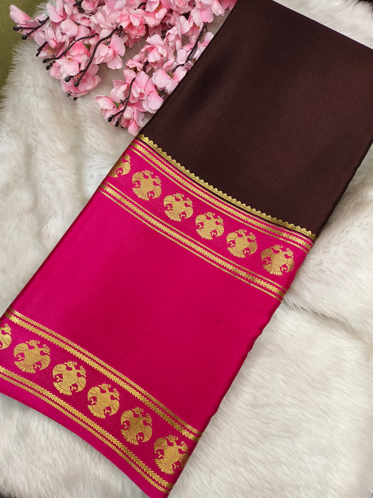Coffee brown with pink pure crepe silk saree