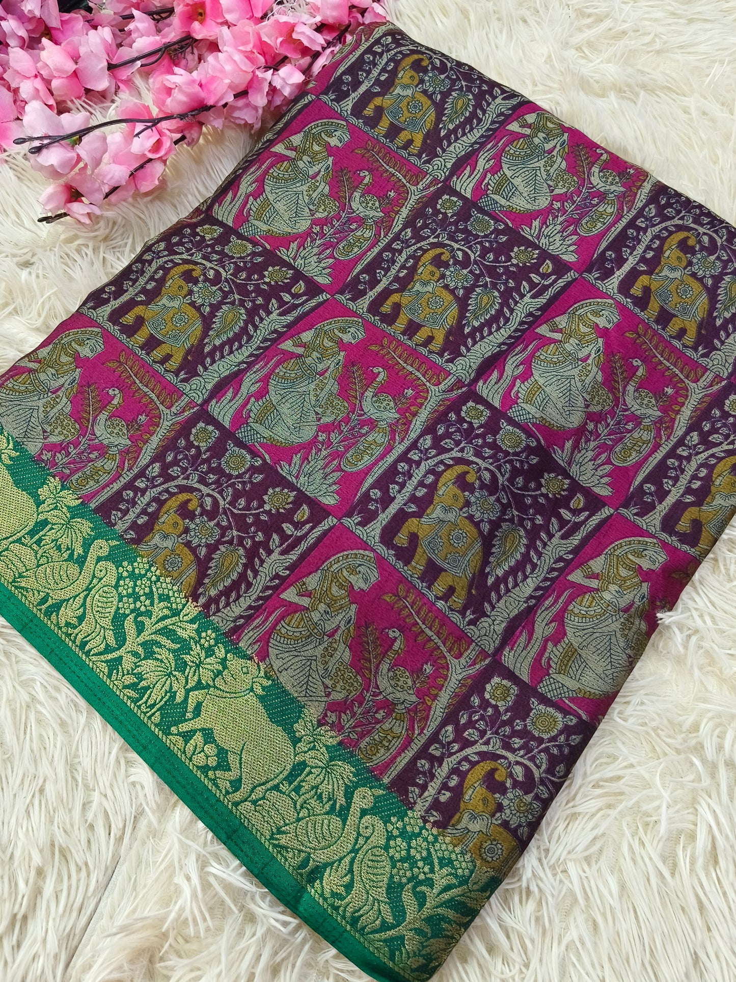 Wine Kalamkari Fusion silk saree