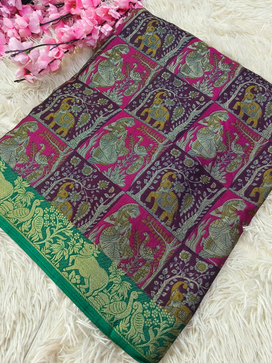 Wine Kalamkari Fusion silk saree