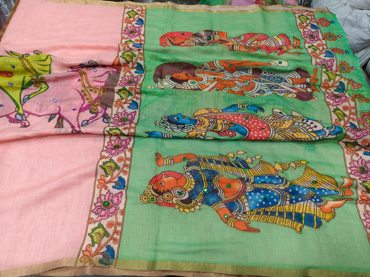 Green with Peach Linen cotton Kalamkari saree