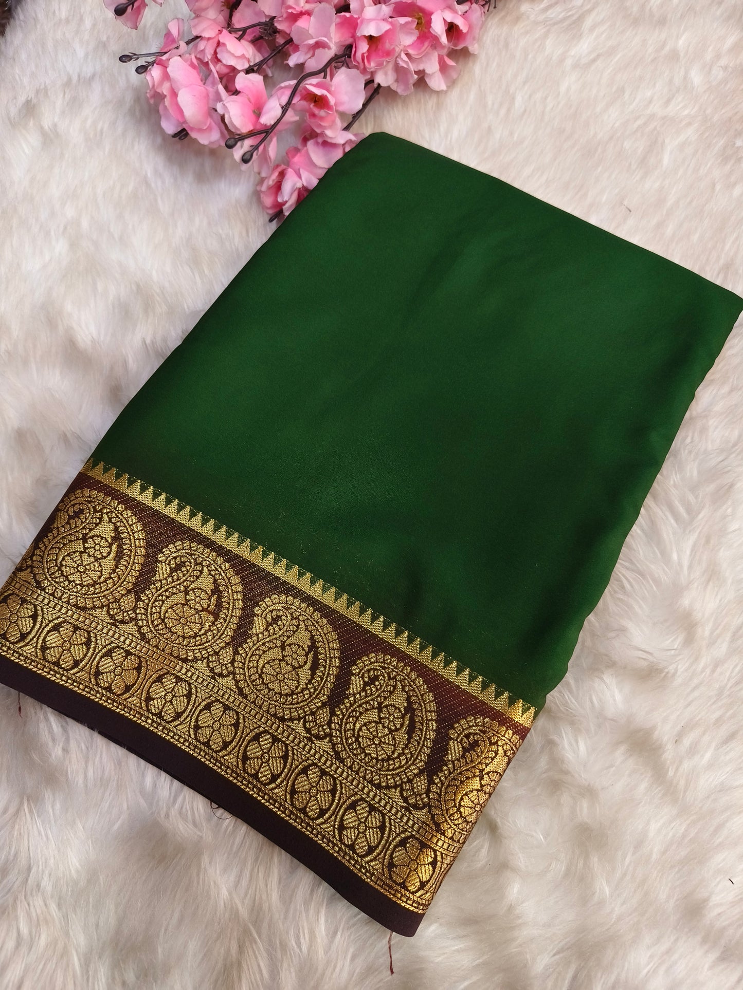 Green With Brown semi Mysore crepe silk saree