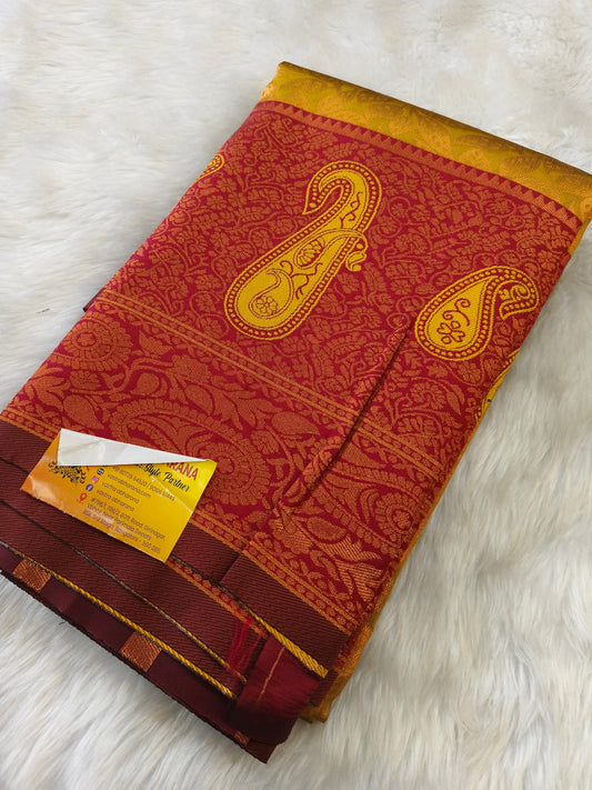 Yellow with Maroon soft semi silk saree
