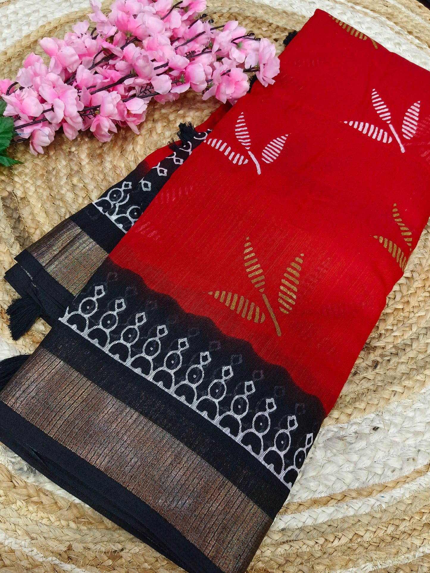 Red With Black Linen Jute saree