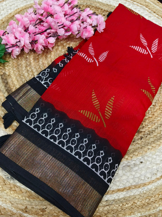 Red With Black Linen Jute saree