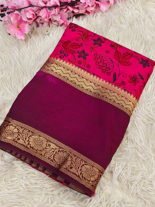 Peach with Wine semi Mysore Printed crepe silk saree