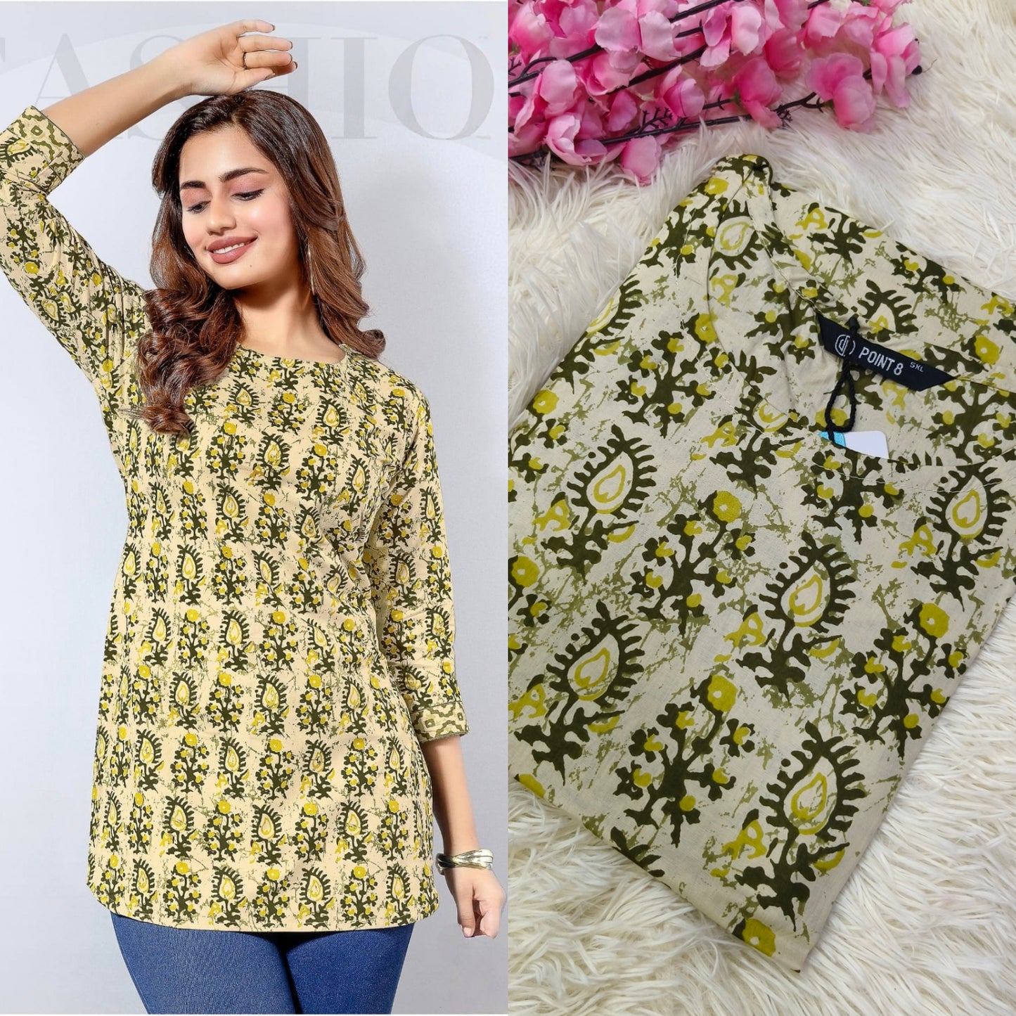 Greynish green Cotton short Kurtis