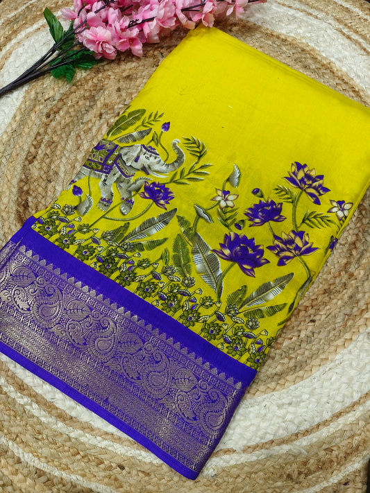 yellow with purple Binny silk saree