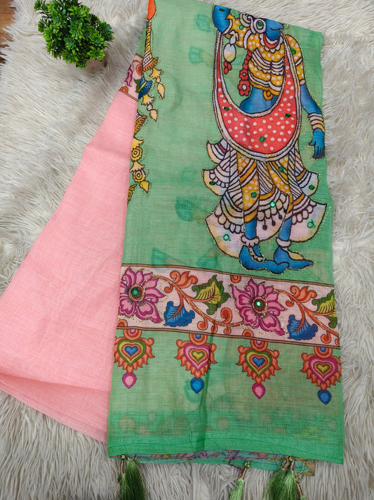 Green with Peach Linen cotton Kalamkari saree