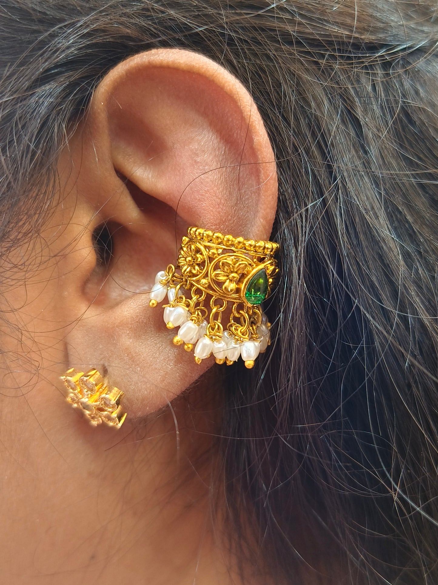 Emerald Temple Ear Cuffs (vintage bugadi)  with Pearl Drops