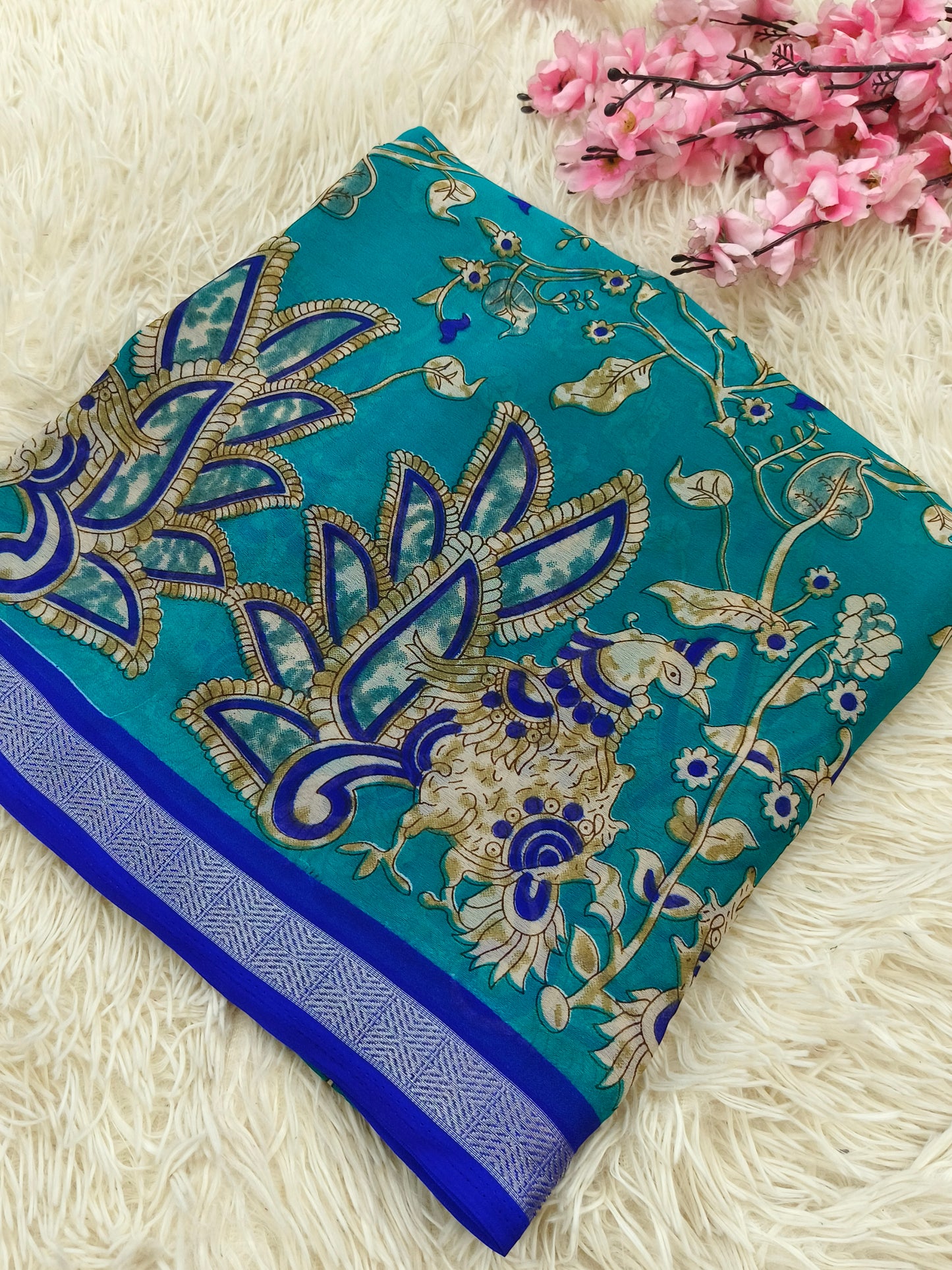Sky blue Kalamkari Georgette saree