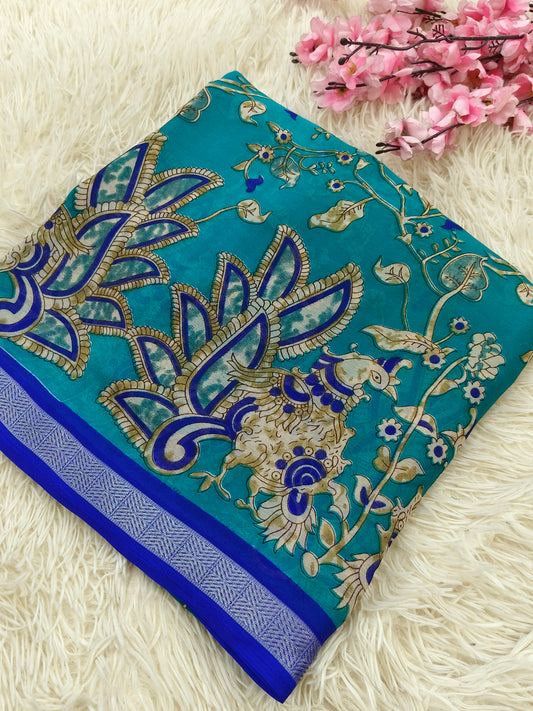 Sky blue Kalamkari Georgette saree