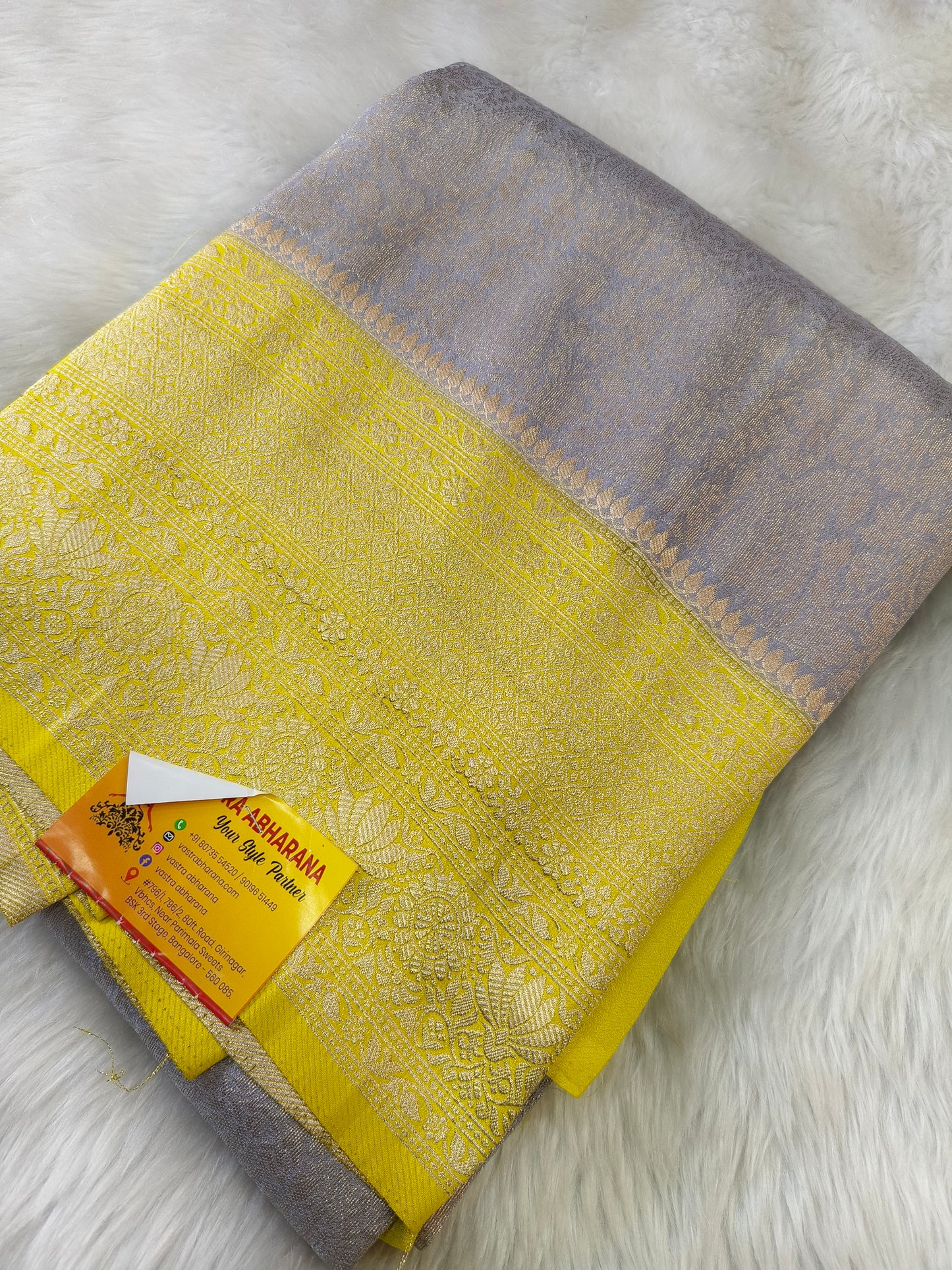 Gray with yellow brocade semi silk saree