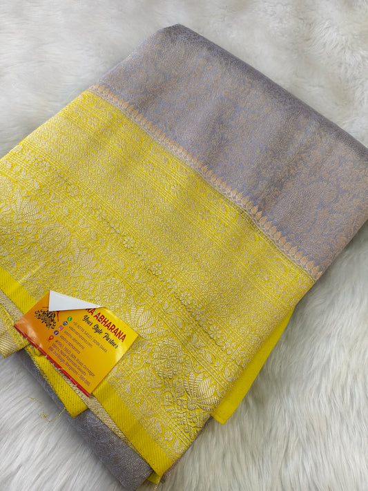 Gray with yellow brocade semi silk saree