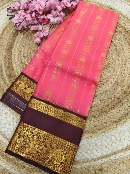 Light pink with  brown Elegant  soft semi kanjivaram silk saree