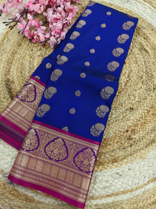 Royal blue with pink Elegant  soft semi kanjivaram silk saree