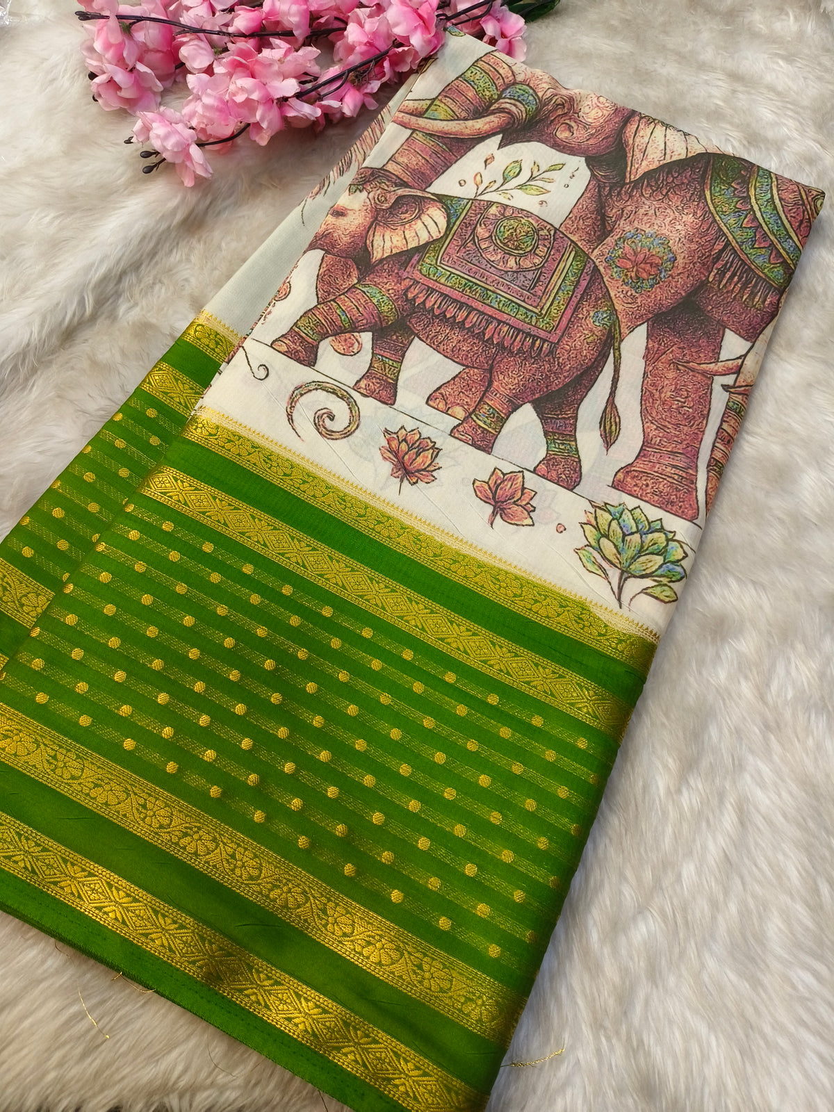 Cream Parrot green Mysore silk saree