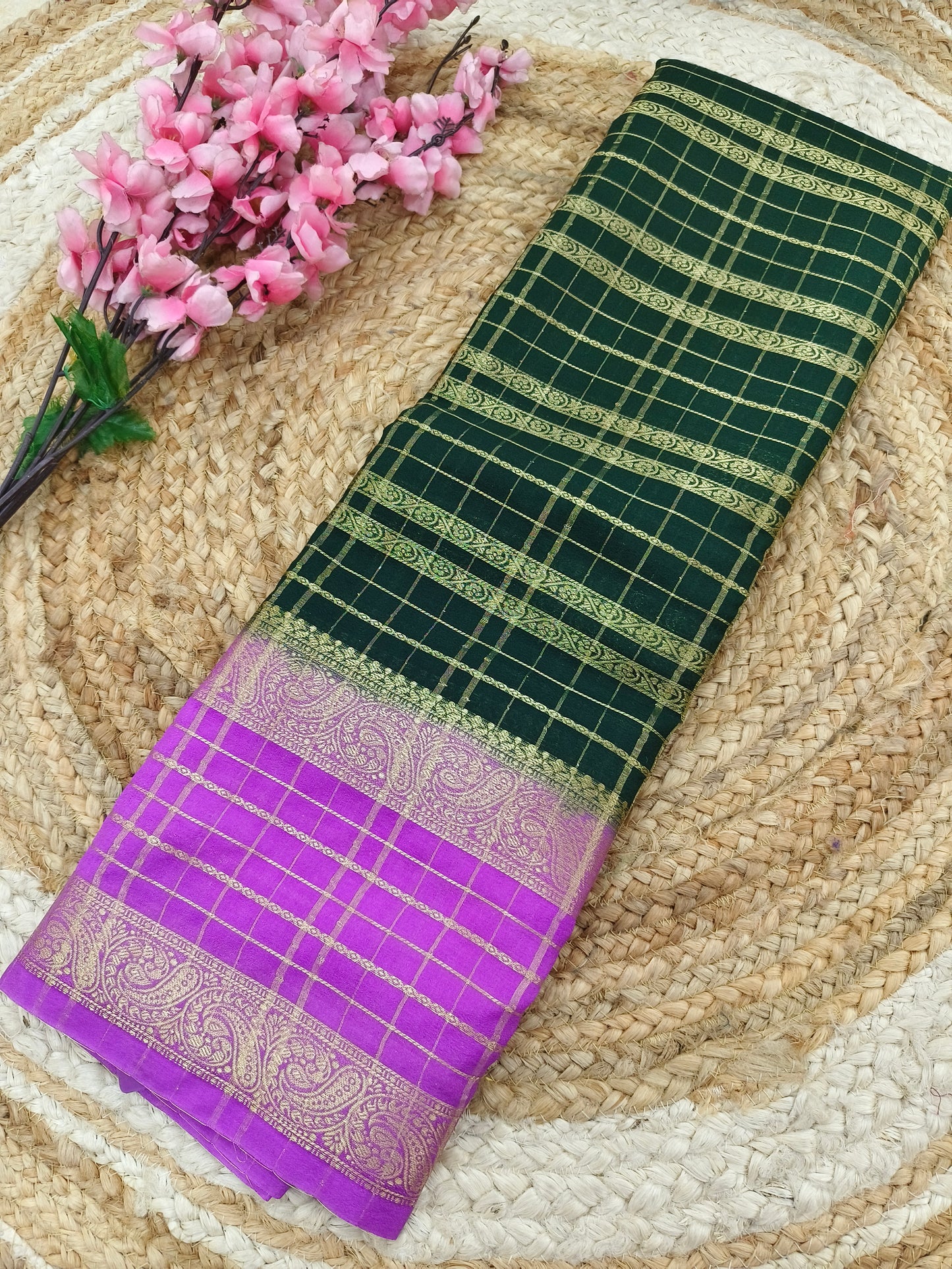 bottle green with light pink botcrepe Georgette saree