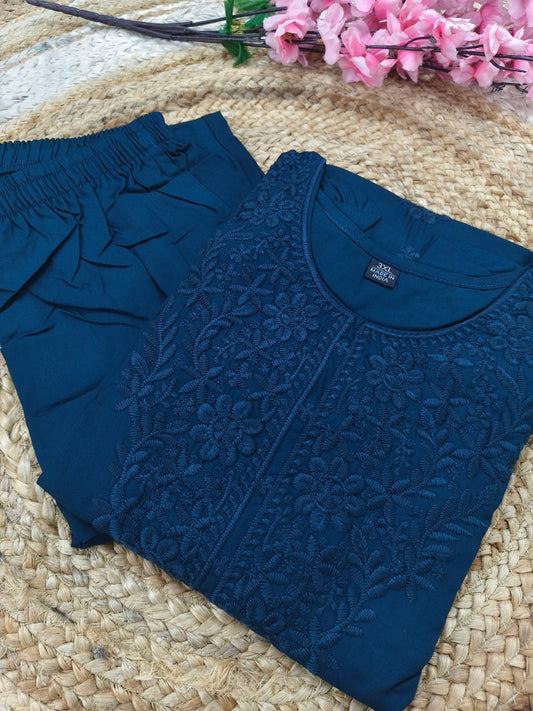 Peacock blue chikan work dress