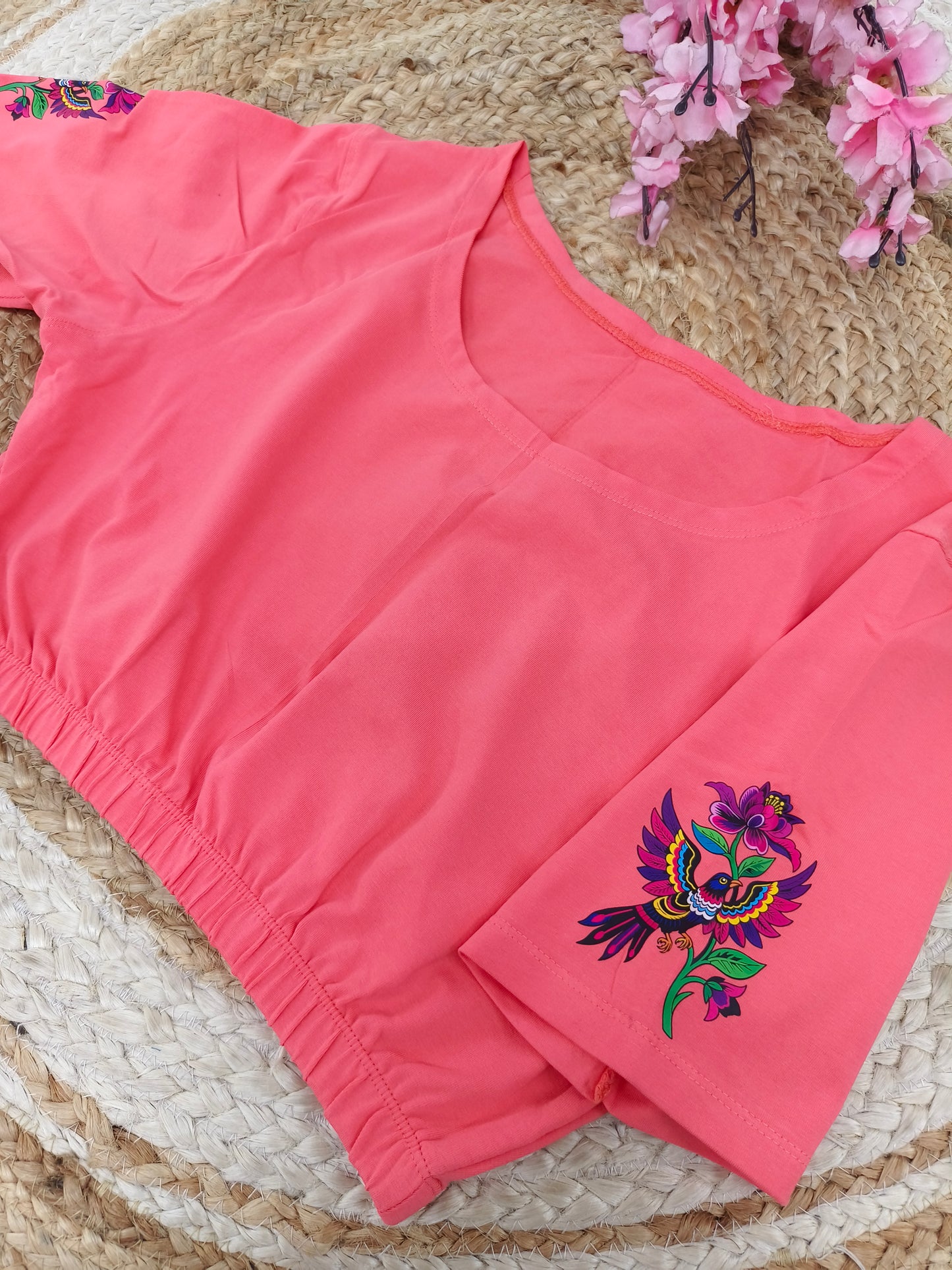Peach Stretchable blouse with unique printed design