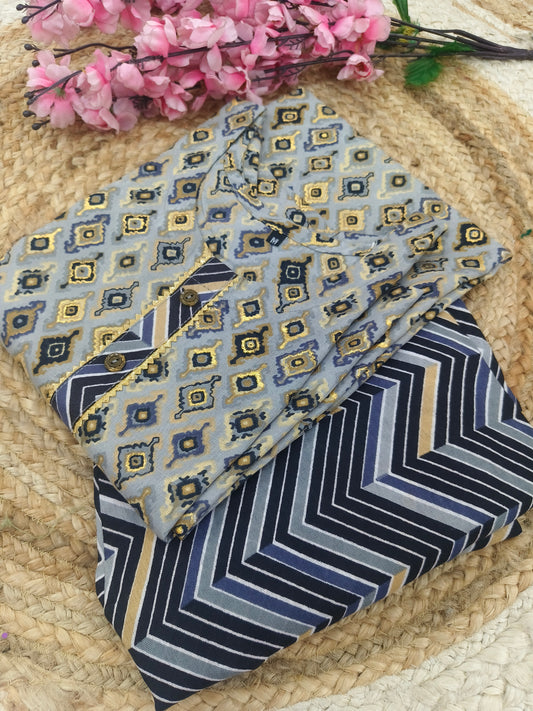 Grey with blue cotton top & bottom (M)