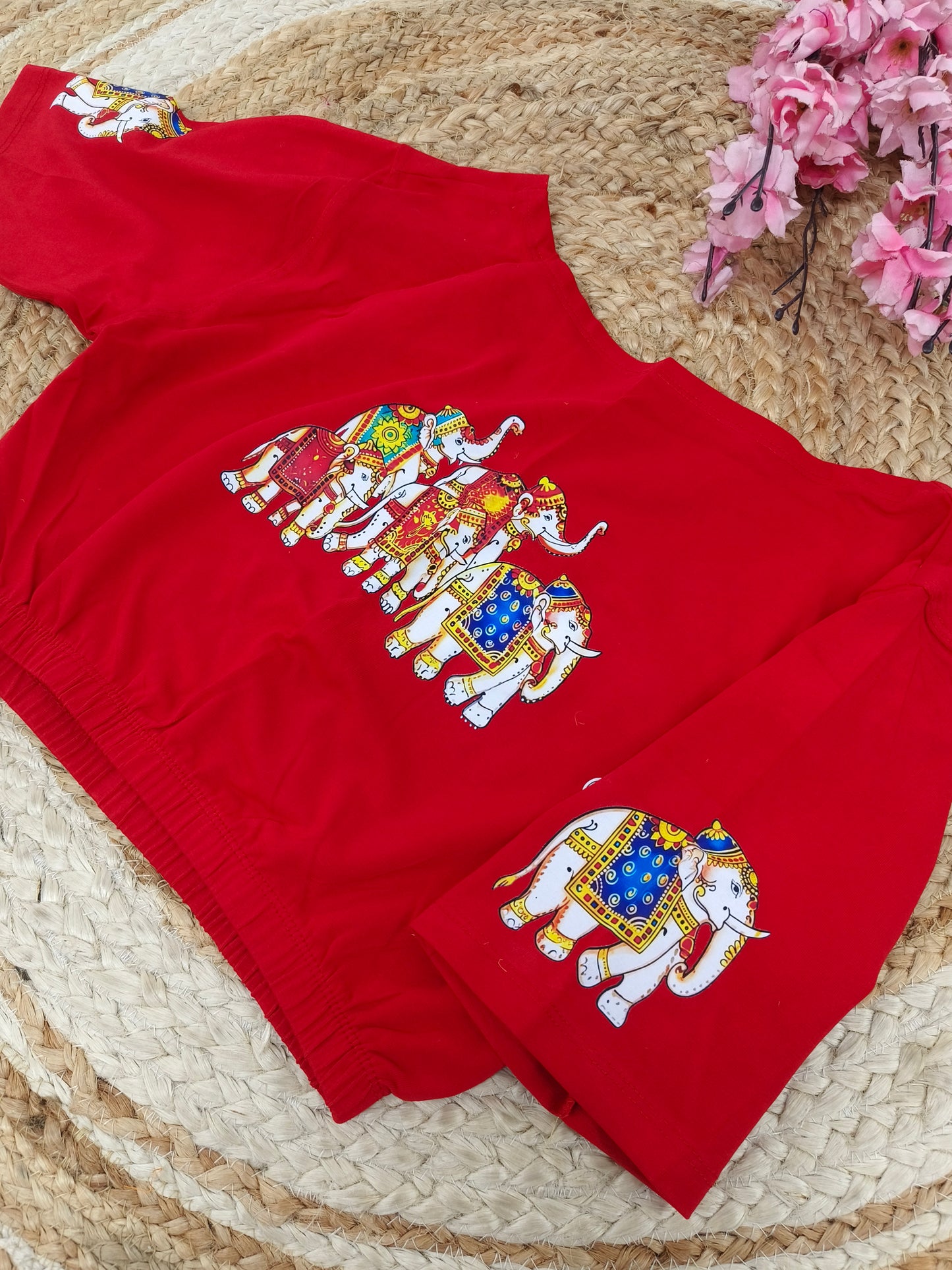 Red Stretchable blouse with unique printed design