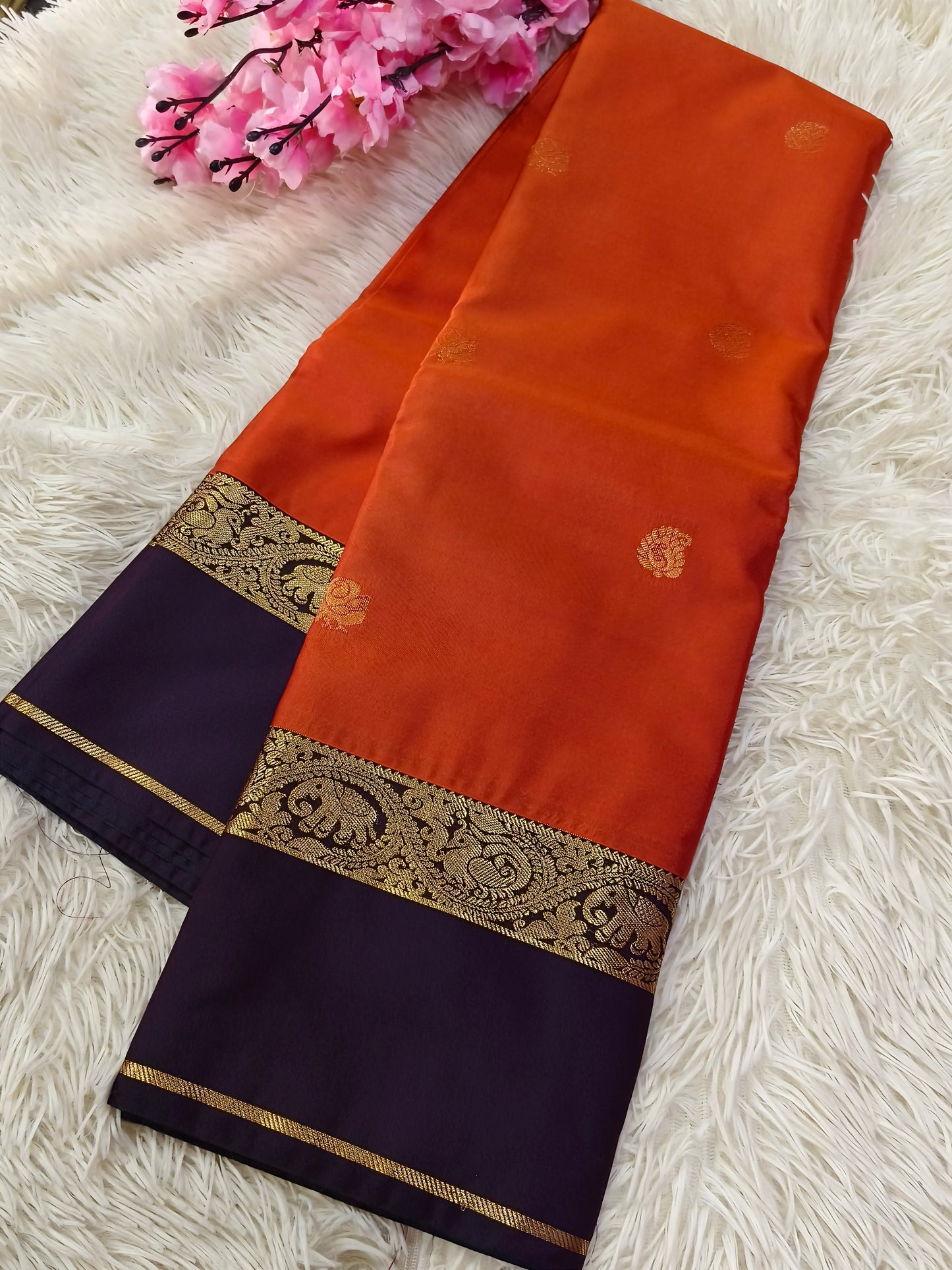 Rustic Orange With Dark wineish brown Semi kanjivaram silk saree