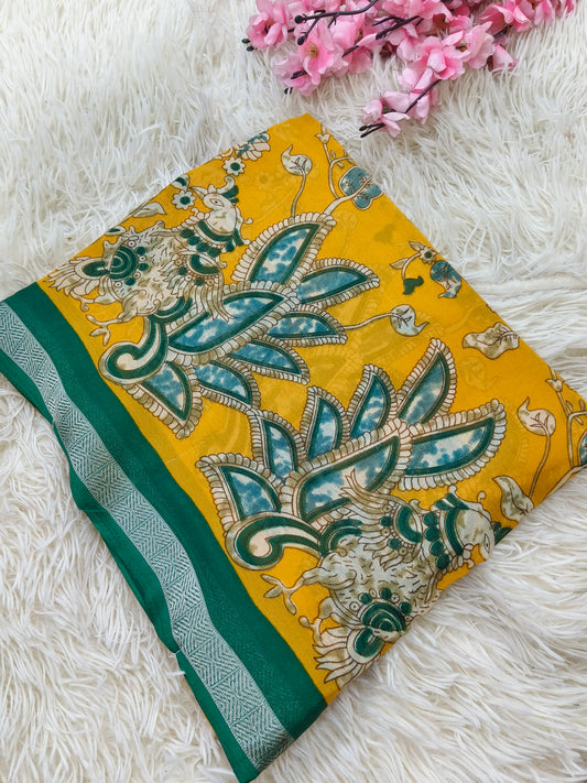 Yellow Kalamkari Georgette saree