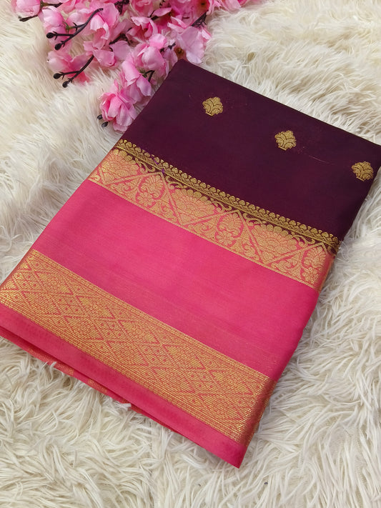 Brown With peachish Pink Semi Mysore crepe silk saree