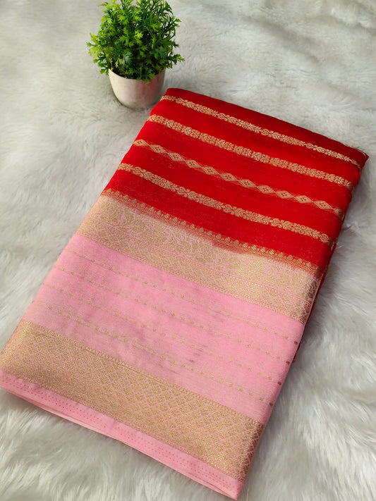 Red With Light Pink semi Mysore crepe silk saree