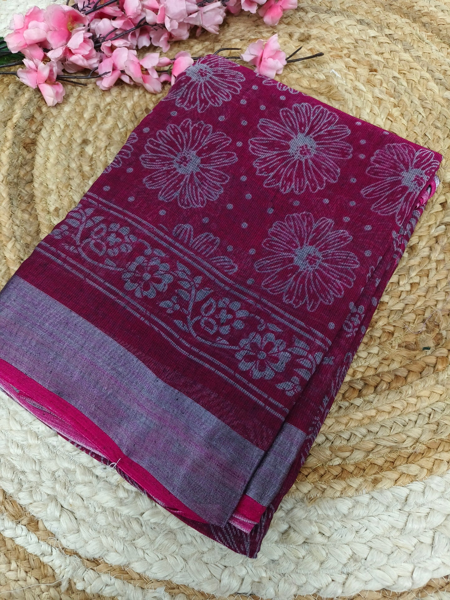 Dark pink - Black Lenin Cotton saree