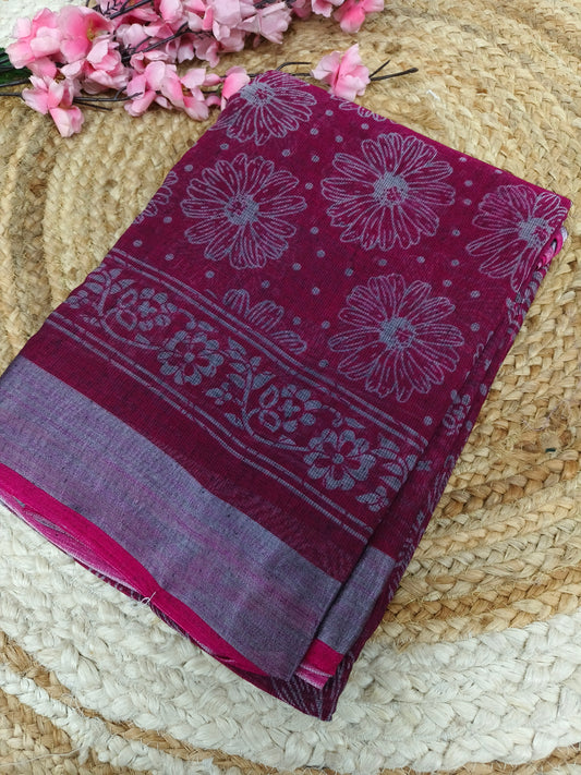 Dark pink - Black Lenin Cotton saree