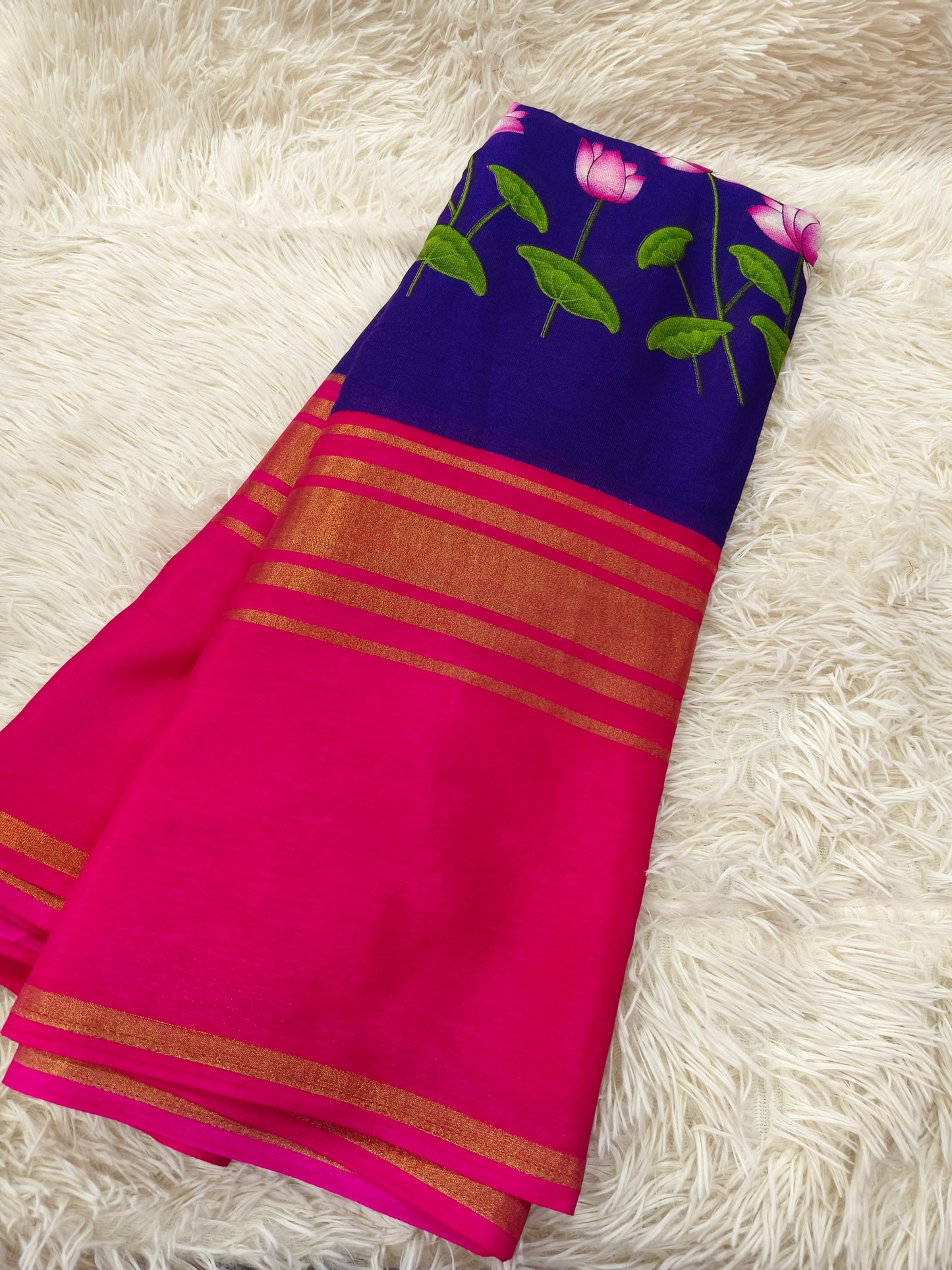 Blue with Pink Linen saree