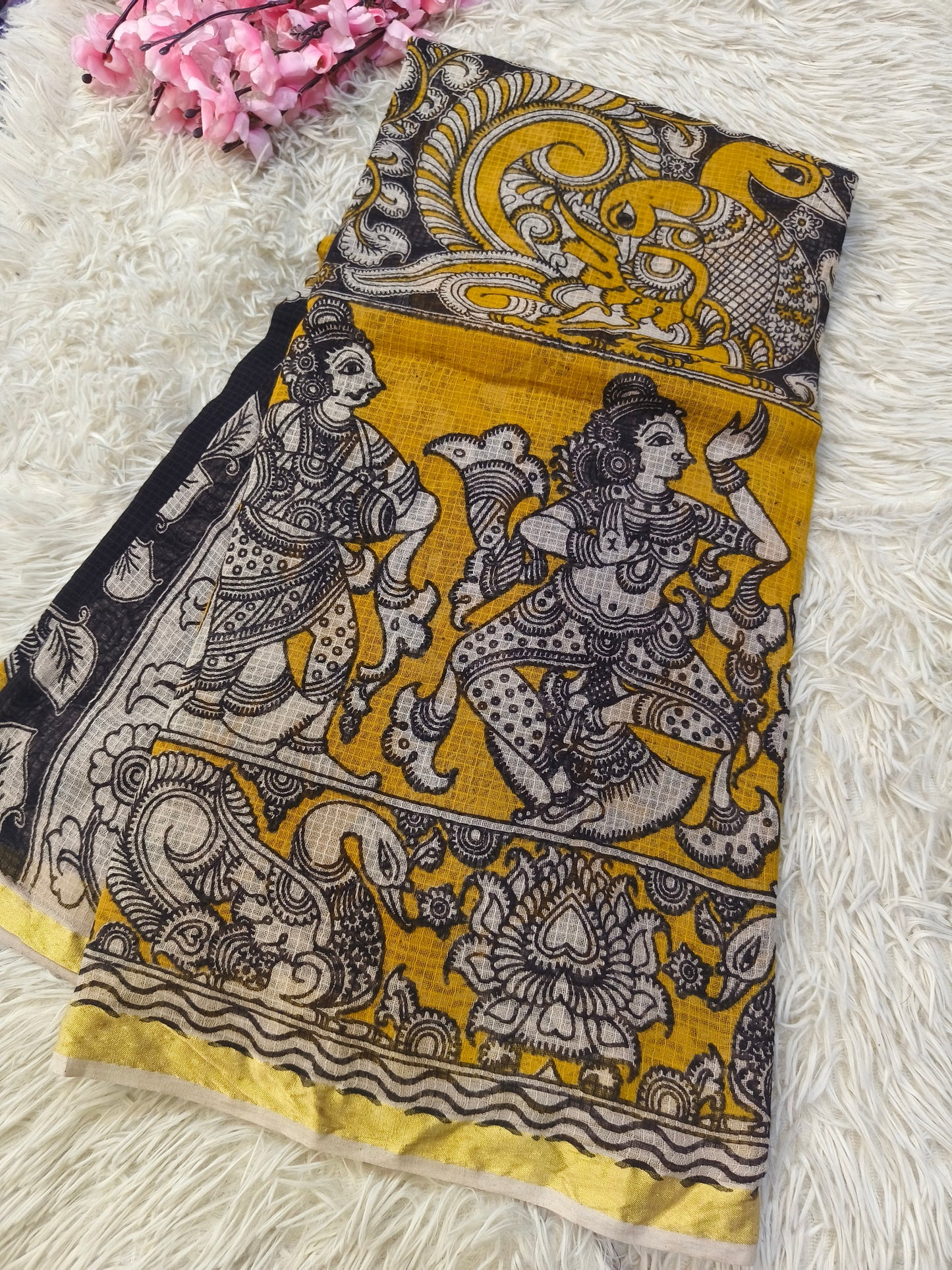Mustard Yellow kota cotton Kalamkari saree